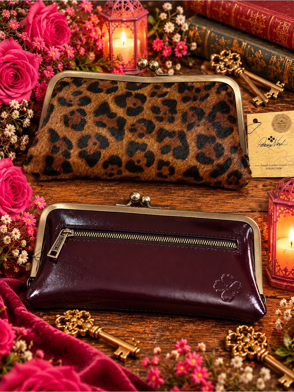 Patricia Nash Leather Frame Clutch Wallet - Leopard and Deep Burgundy